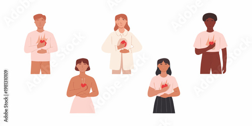 Diverse group of people holding hearts close to their chests