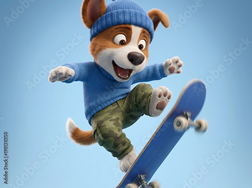 Cute puppy skateboarding performing jump close up on blue background