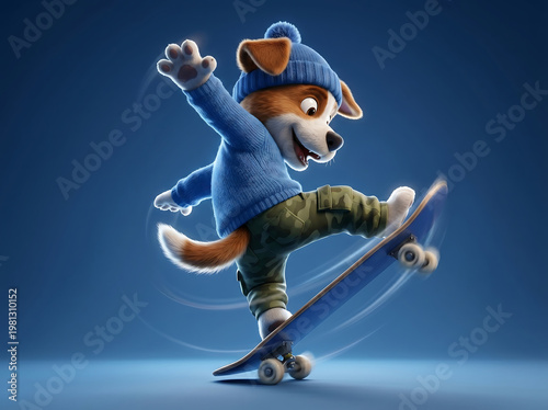 Cute puppy skateboarding performing trick with motion blur on dark background