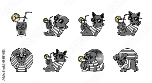 Cute cartoon dogs enjoying refreshing drinks and summer vibes