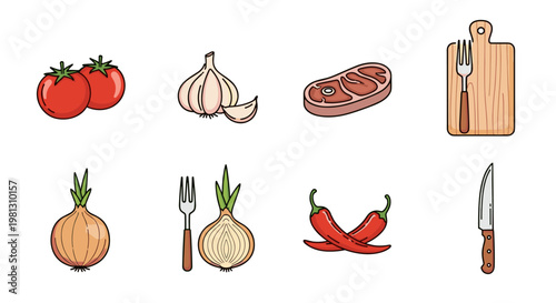 Collection of fresh ingredients and kitchen utensils for cooking a meal