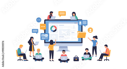 People surrounding a large computer monitor displaying dashboard analytics with floating icons and speech bubbles in a digital communication workspace.