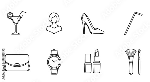 Collection of feminine lifestyle icons including fashion and beauty essentials
