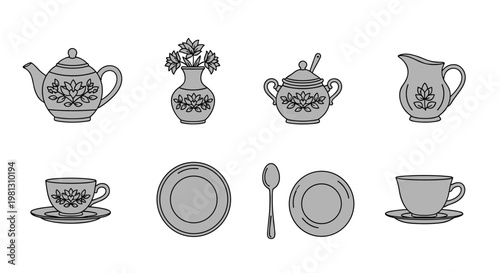 Collection of vintage tea set elements with floral motifs and decorative patterns