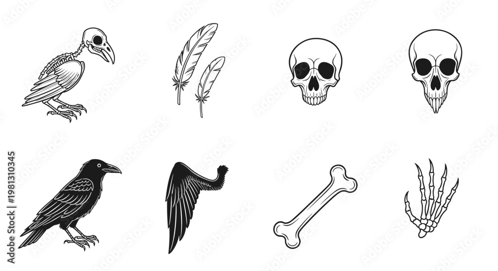 Obraz premium Collection of spooky Halloween icons featuring skulls, bones, and bird skeletons