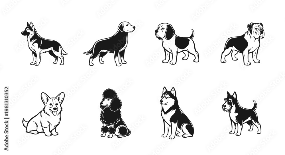 Fototapeta premium Collection of diverse dog breeds illustrated in a clean, modern graphic style