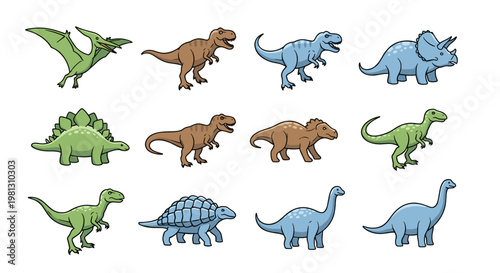 Collection of diverse cartoon dinosaurs and prehistoric creatures in various poses