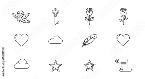 Collection of simple line art icons representing love, romance, and dreams