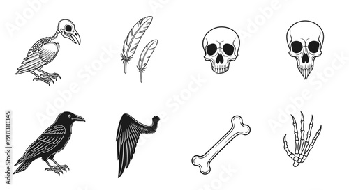 Collection of spooky Halloween icons featuring skulls, bones, and bird skeletons