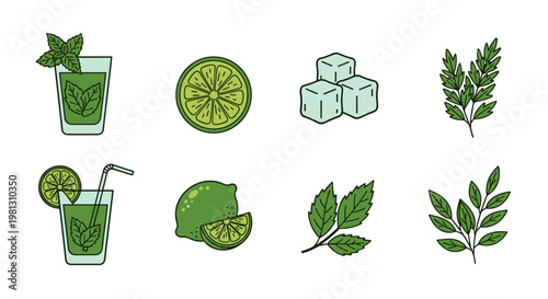 Refreshing mojito ingredients and drink icons with mint, lime, and ice cubes