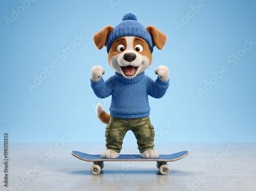 Cute puppy celebrating on skateboard with raised arms on blue background