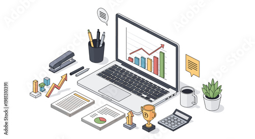 Professional workspace featuring a laptop displaying business growth charts alongside a golden trophy, calculator, and stapler on a clean white desk.