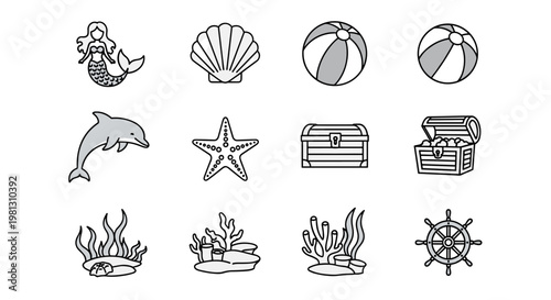 Collection of marine life and nautical icons with a playful, cartoonish style