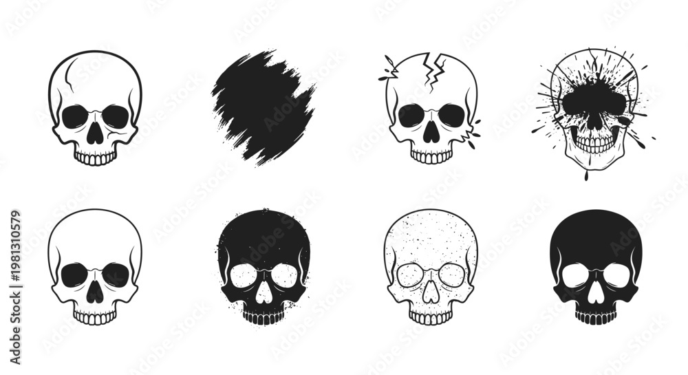Fototapeta premium Collection of diverse skull illustrations with grunge and splatter effects