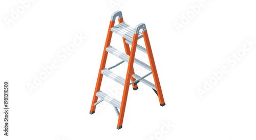 Sturdy orange and silver industrial step ladder standing upright in a clean studio environment with soft grey shadows on a pristine white background.