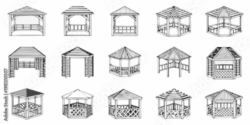 Collection of black and white gazebo designs in various architectural styles