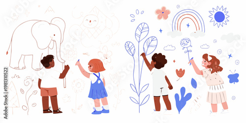 Children drawing with colorful crayons featuring an elephant and rainbow design