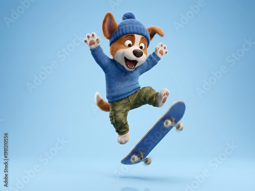 Cute puppy skateboarding jumping with excitement on blue background