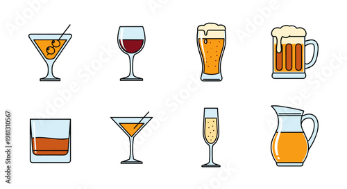 Collection of diverse alcoholic and non-alcoholic beverage glasses and pitcher