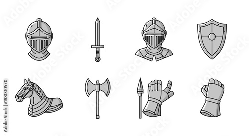 Collection of medieval knight armor and weapons icons on white background