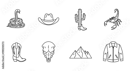 Collection of desert and western themed icons in a simple line art style