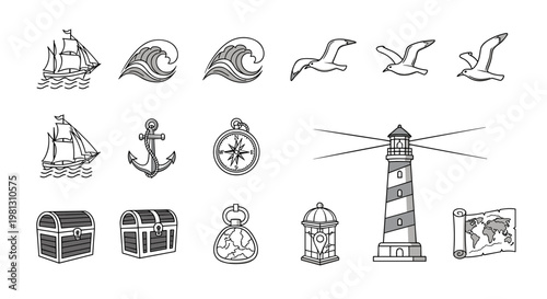 Nautical adventure icons including ships, waves, seagulls, and treasure chests