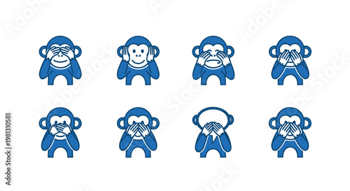 Set of eight blue cartoon monkeys covering their eyes, ears, and mouth