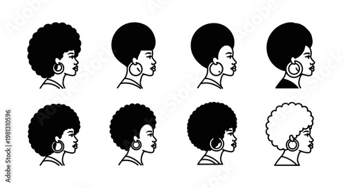 Diverse afro hairstyles and hoop earrings shown in profile silhouette