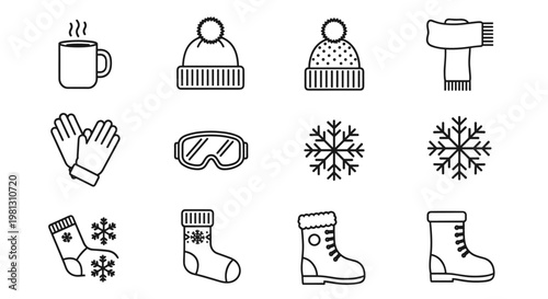 Collection of winter clothing and accessories icons for cold weather activities