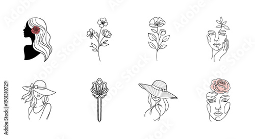 Elegant line art collection featuring women, flowers, and hats for stylish designs