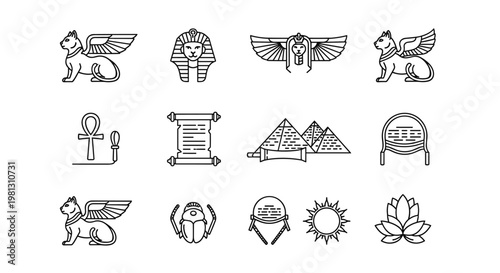 Ancient Egyptian symbols and icons collection on white background