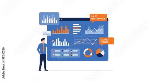 Business professional presents complex sales performance data and shifting market trends on a vibrant blue interactive digital board in a bright room.