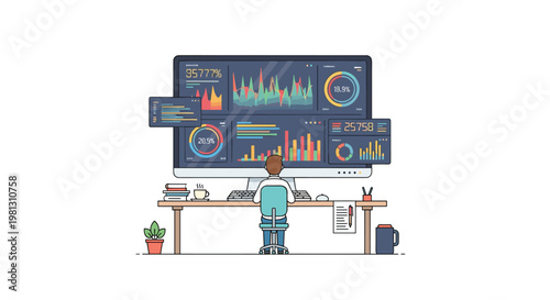 Professional analyst monitors intricate financial performance metrics on a wide desktop screen within a minimalist office setting featuring soft lighting.