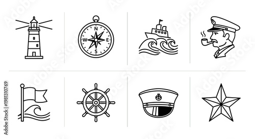 Nautical icons set with lighthouse, compass, ship, captain, flag, helm, and star