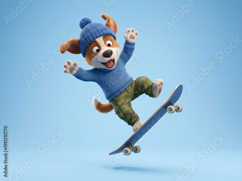 Cute puppy skateboarding losing balance mid air on blue background