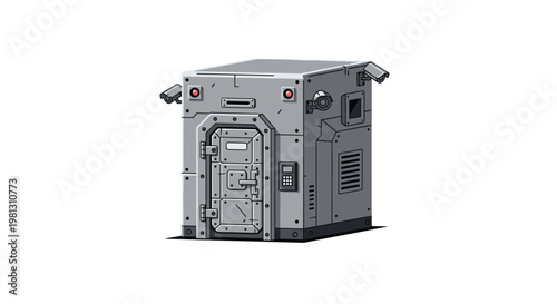 Reinforced grey security bunker with surveillance cameras and a keypad lock in a stylized isometric graphic design for high security storage solutions.