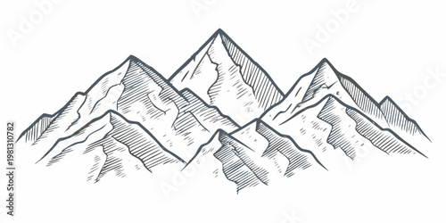 A sketch of rugged mountains with detailed line work and shading