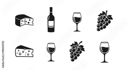 Set of simple black and white icons representing wine, cheese, and grapes