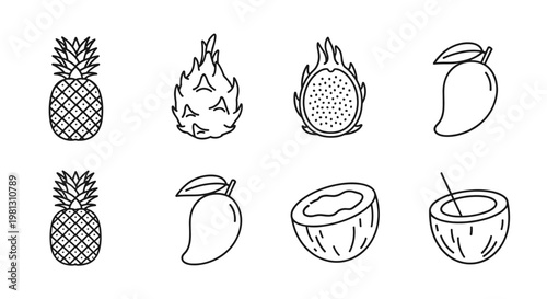 Collection of tropical fruit icons including pineapple, mango, dragon fruit, and coconut
