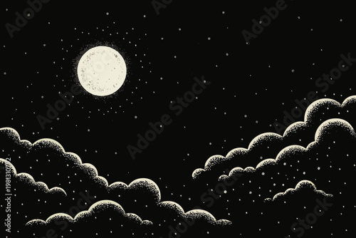 A vintage illustration of a bright moon shining above dark clouds