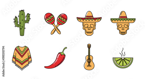 Collection of Mexican cultural icons including cactus, maracas, skulls, and guitar