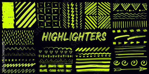 Abstract highlighter marks and patterns on a black background