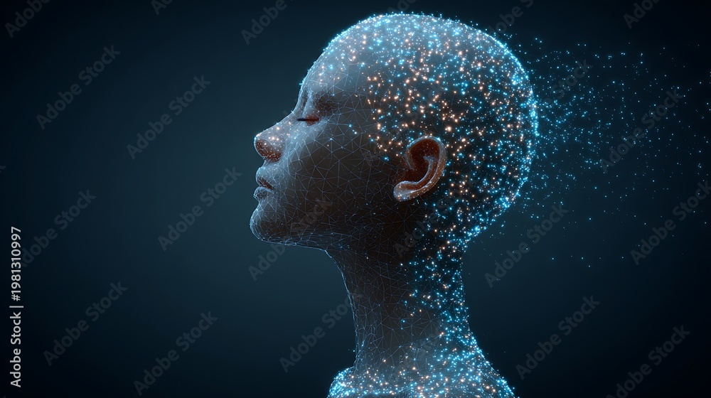 Obraz premium Human head silhouette dissolving into glowing blue and orange digital particles on dark