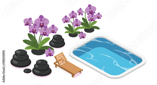 Isometric spa scene featuring a small pool, a wooden lounge chair, vibrant purple orchids, and stacks of black stones in a serene wellness setting.