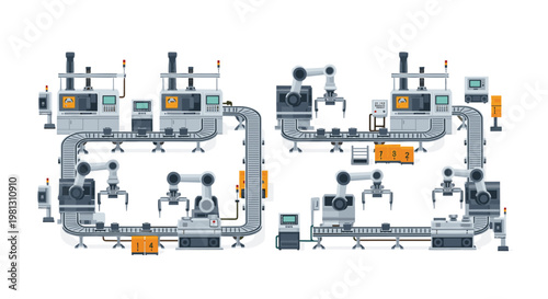 Industrial robotic arms perform precise assembly tasks on a continuous conveyor belt system within a clean modern factory floor with neutral grey tones.