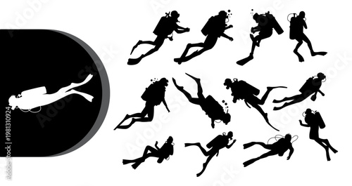 A group of scuba divers in black silhouettes swimming in the ocean with one white diver in the foreground.