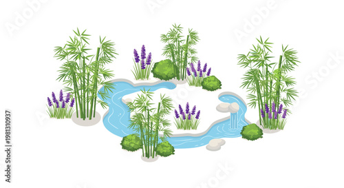 Isometric garden landscape featuring a winding stream, tall bamboo stalks, vibrant lavender bushes, and smooth river rocks on a clean white surface.