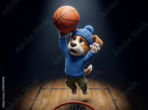 Cute puppy dunking basketball from above under spotlight on court