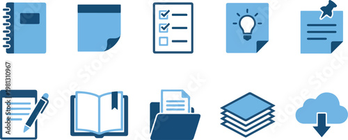 A collection of blue icons related to documents and office work