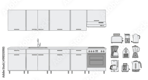 Detailed line drawing of a modern kitchen cabinet arrangement accompanied by a collection of small household appliances on a clean white background.